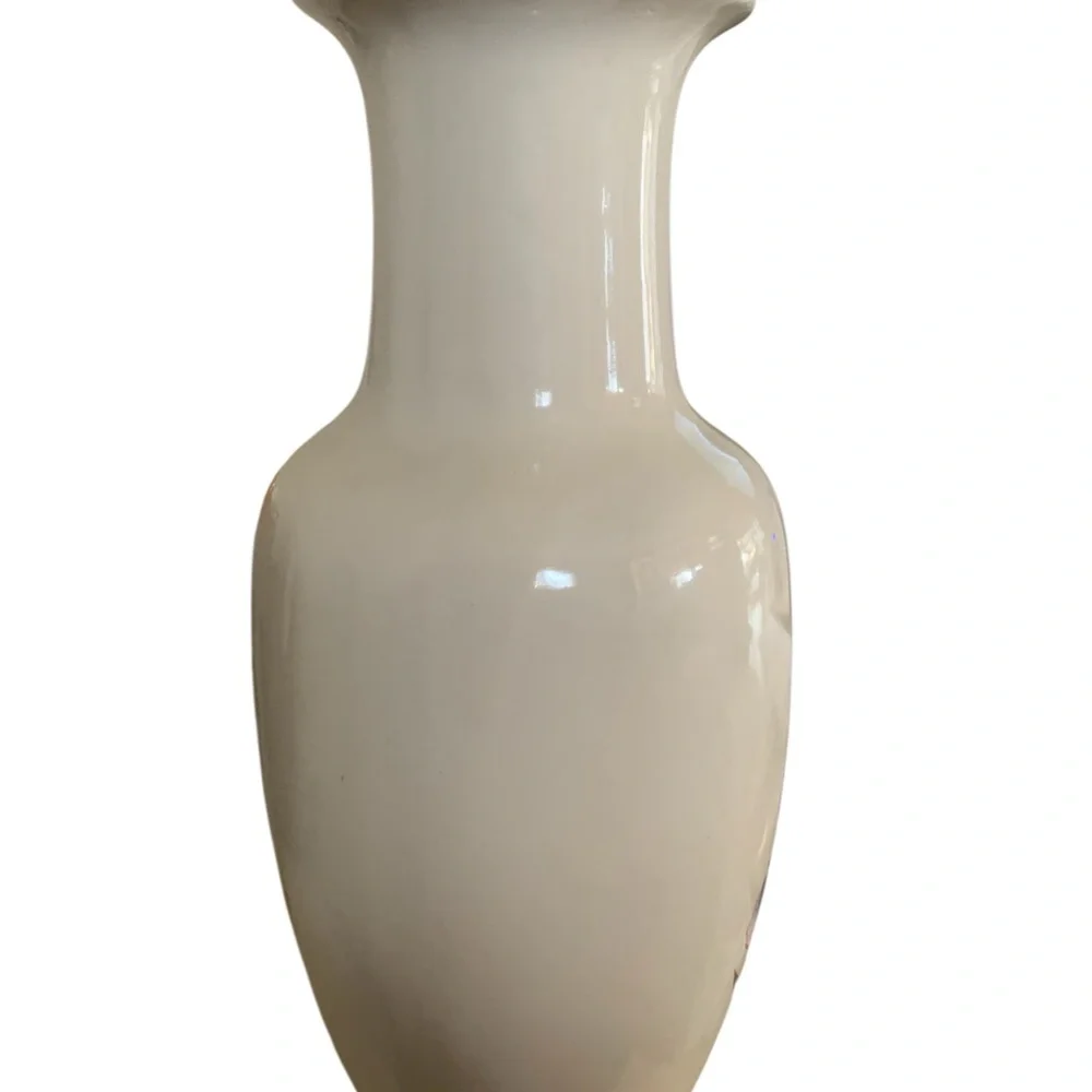 Beige Fine China Vase‎ with Flowers From Japan with Gold Rim 10.5”Tall 14” Round